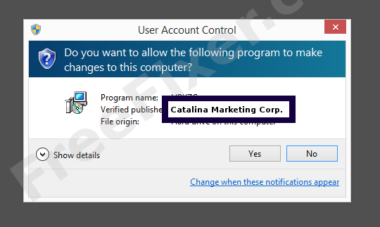 Screenshot where Catalina Marketing Corp. appears as the verified publisher in the UAC dialog